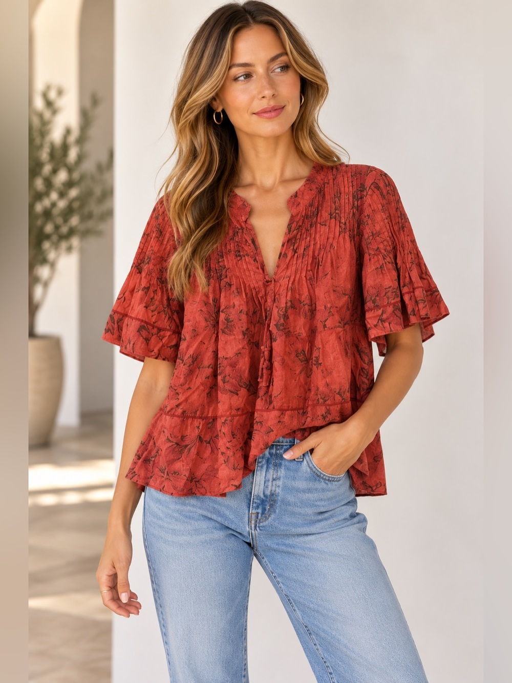 Sea New York Ramie Pintuck Floral Peplum Blouse Terracotta Size 4